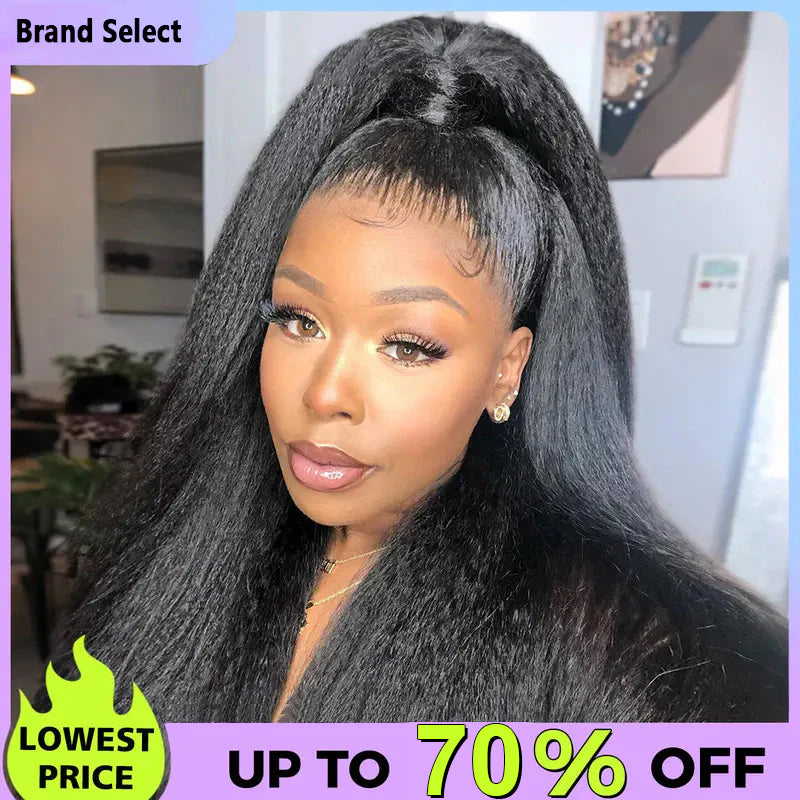 Sale Happening Now:70%OFF Pre-Cut Lace Kinky Straight 360 Full Lace Frontal Glueless Wig With Invisi Drawstring Pre Plucked Human Hair Wig