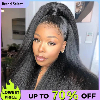 Sale Happening Now:70%OFF Pre-Cut Lace Kinky Straight 360 Full Lace Frontal Glueless Wig With Invisi Drawstring Pre Plucked Human Hair Wig