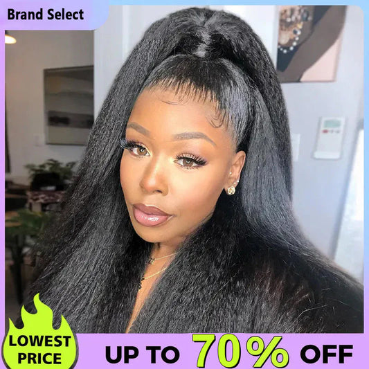 Sale Happening Now:70%OFF Pre-Cut Lace Kinky Straight 360 Full Lace Frontal Glueless Wig With Invisi Drawstring Pre Plucked Human Hair Wig